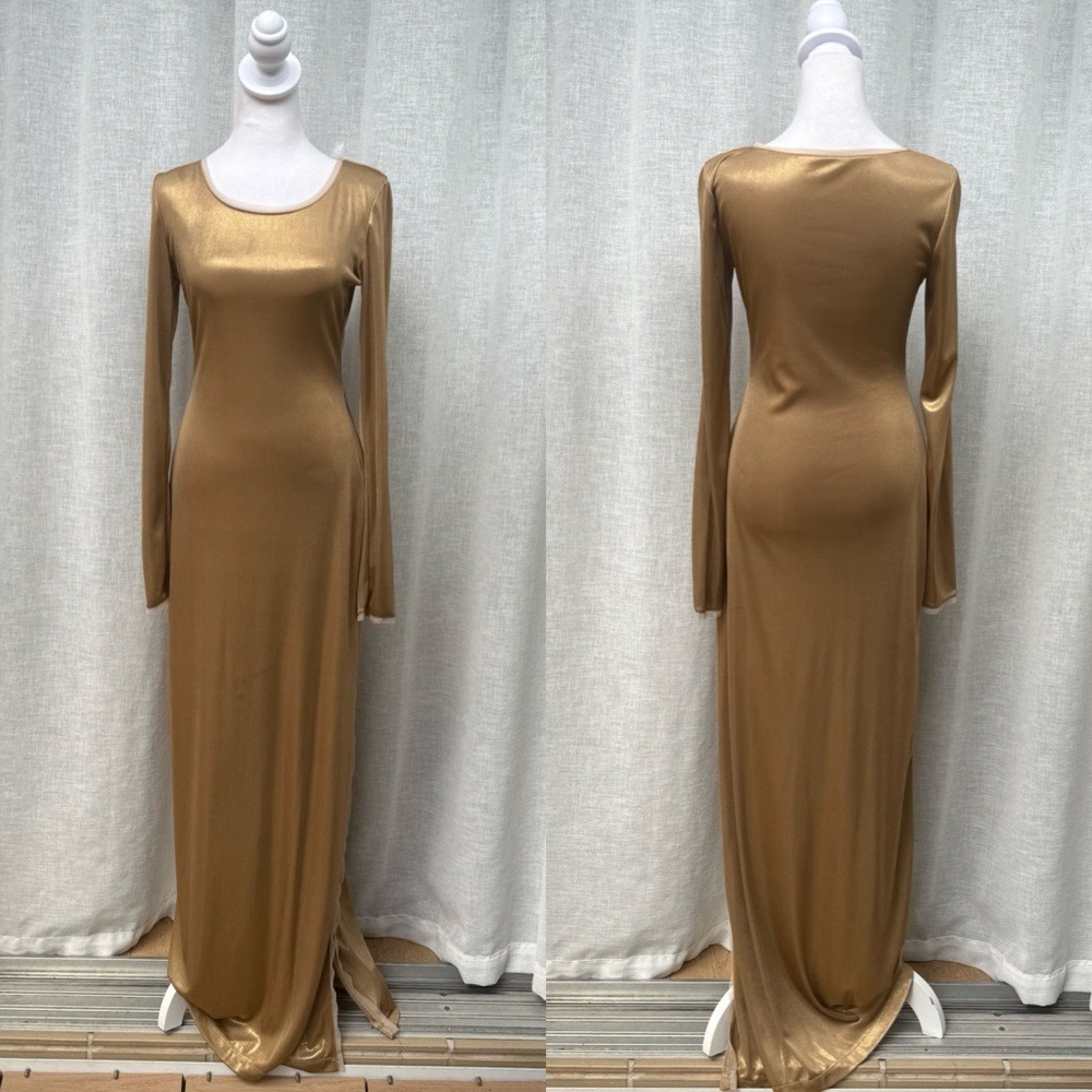 BCBG Metallic gold long sleeve maxi gown dress